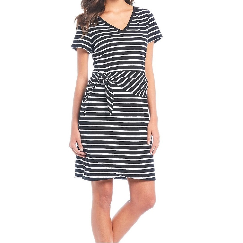 Tommy Bahama Sonoran Stripe Tie Waist Tee Shirt Dress Black White Peplum M
